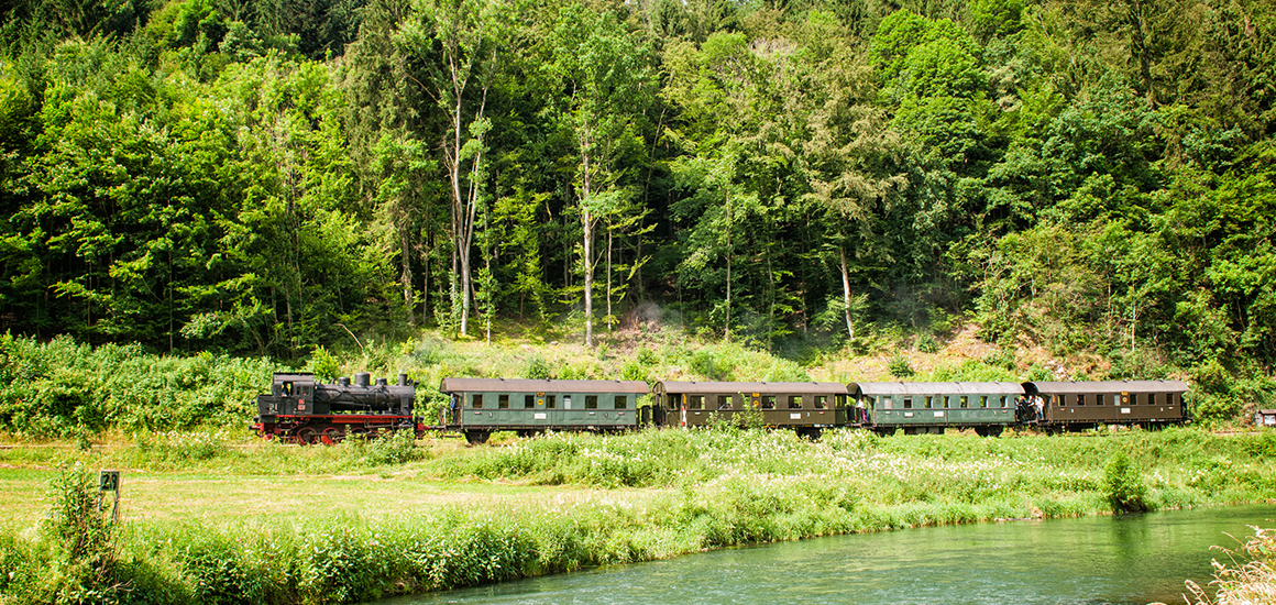 Eine historische Dampflok zieht mehrere grüne Waggons durch eine grüne Landschaft in der Fränkischen Schweiz. Im Vordergrund fließt ein Fluss, und im Hintergrund sind dichte Wälder zu sehen.