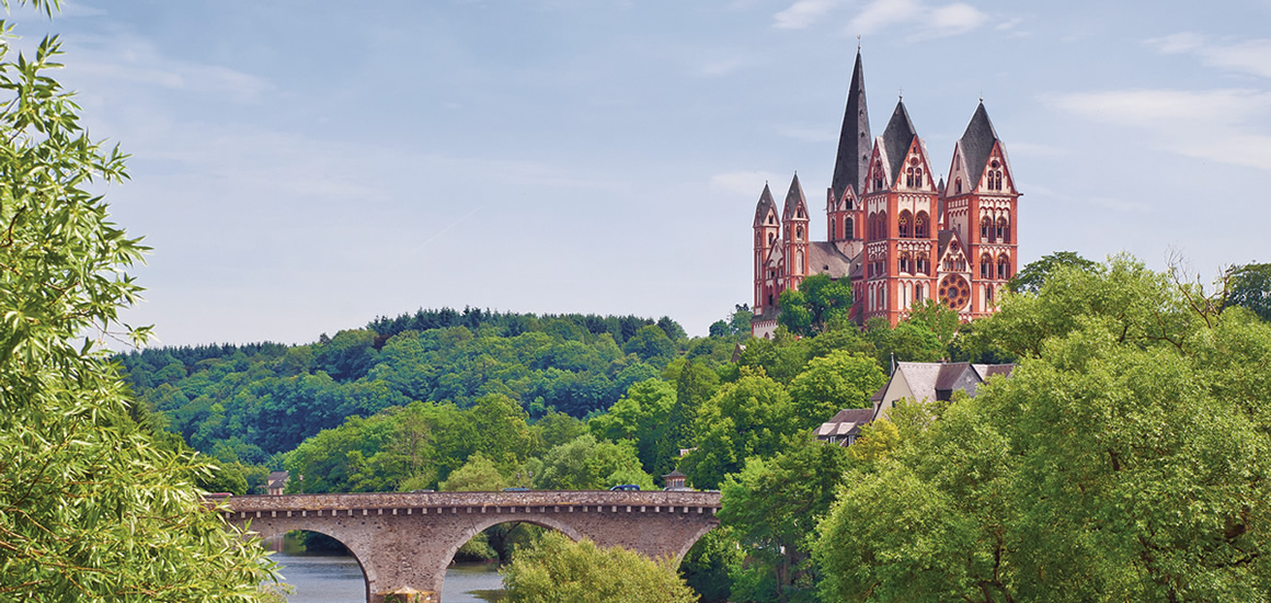 Ansicht des Limburger Doms in Hessen, Deutschland, mit einer Brücke im Vordergrund und umgeben von Bäumen.