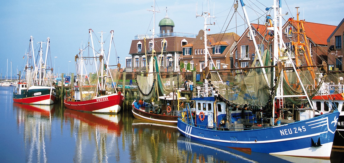Hafen von Neuharlingersiel mit Fischerbooten und typischen Backsteingebäuden im Hintergrund.