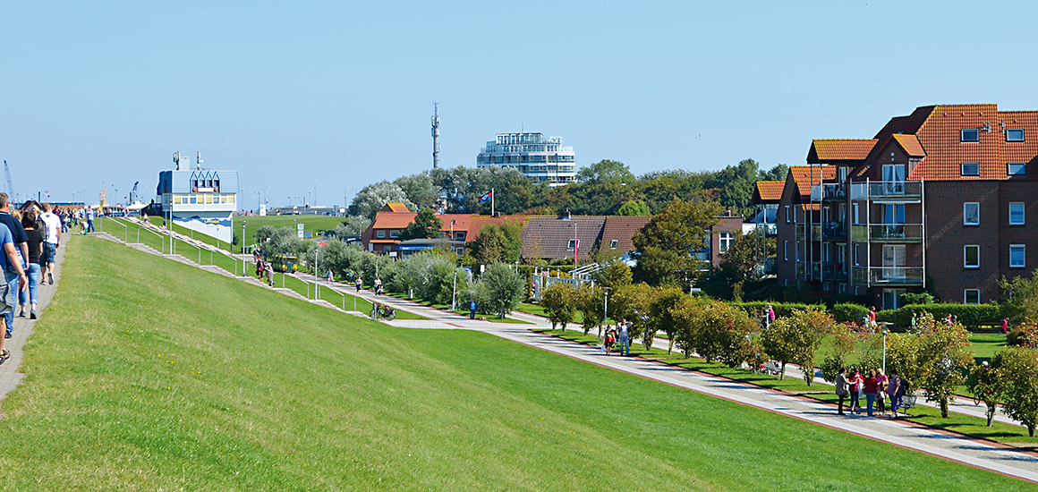 Ein Deich in Norddeich, Deutschland, mit einem Weg und Gebäuden im Hintergrund.