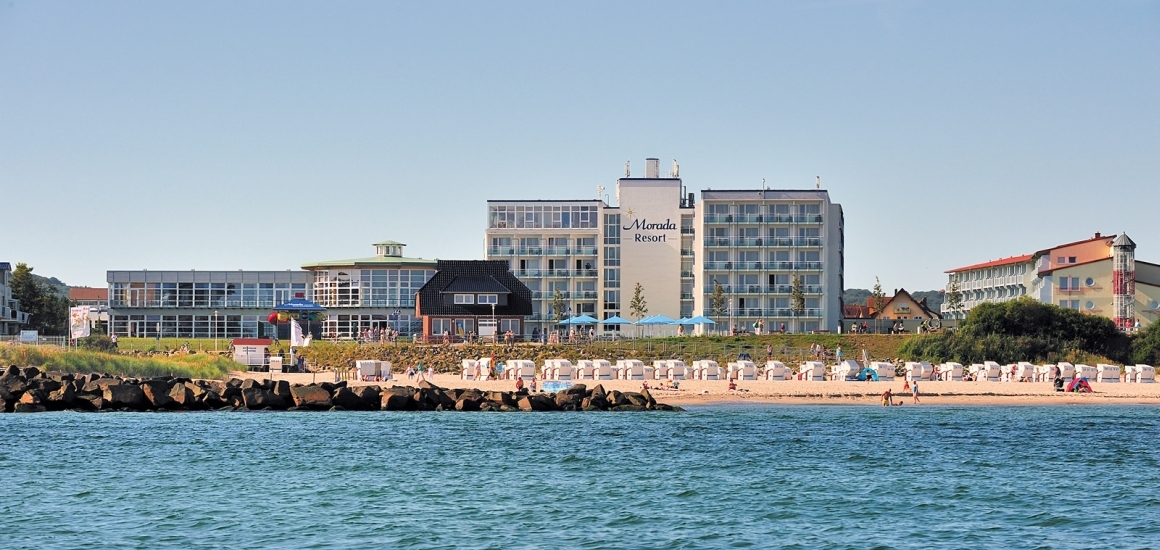 Strandansicht in Kühlungsborn mit Strandkörben und Gebäuden im Hintergrund