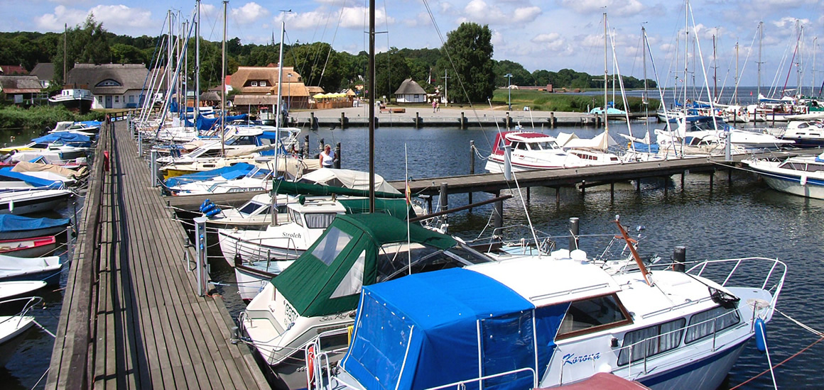 Ein Hafen mit mehreren Booten und Yachten, die an einem Steg festgemacht sind. Im Hintergrund sind Gebäude und Bäume zu sehen, die eine malerische Kulisse bilden.