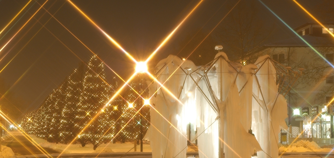 Ein beleuchteter Eisbrunnen bei Nacht mit einem geschmückten Weihnachtsbaum im Hintergrund.