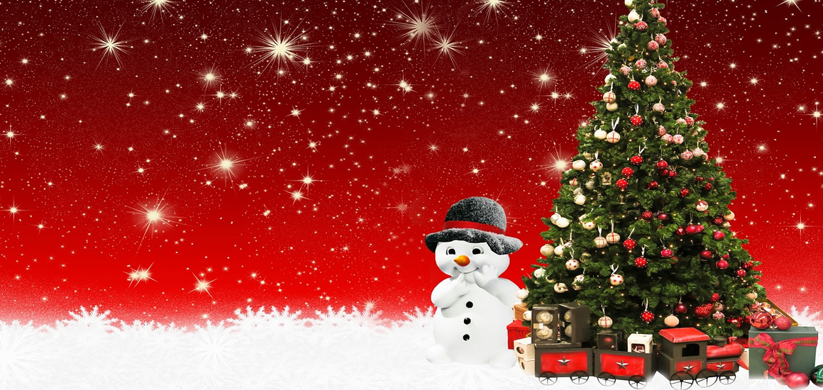 Ein weihnachtliches Bild mit einem geschmückten Weihnachtsbaum, einem Schneemann mit schwarzem Hut und einem Spielzeugzug auf einem roten Hintergrund mit Schneeflocken und Sternen.