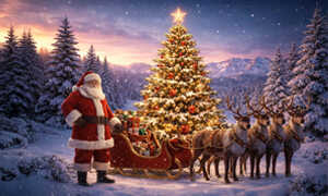 Weihnachtsmann im einer Schneelandschaft vor einem geschmückten Weihnachtsbaum