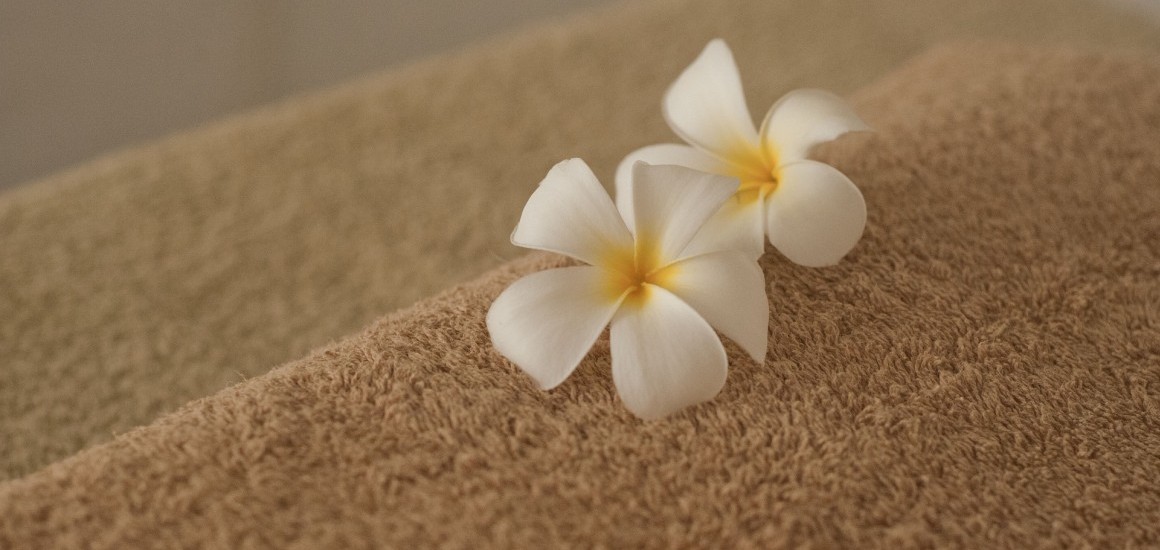 Zwei weiße Frangipani-Blüten auf beigen Handtüchern platziert, symbolisieren Entspannung und Wellness.