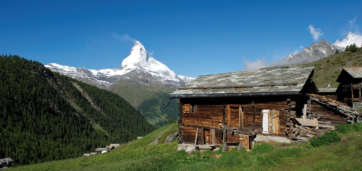 Panoramablick auf das Matterhorn mit einer Holzhütte im Vordergrund, umgeben von grünen Wiesen und Wäldern unter einem klaren blauen Himmel.